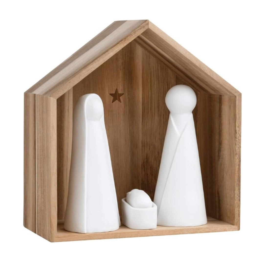 Presepe Räder in porcellana con capanna in legno