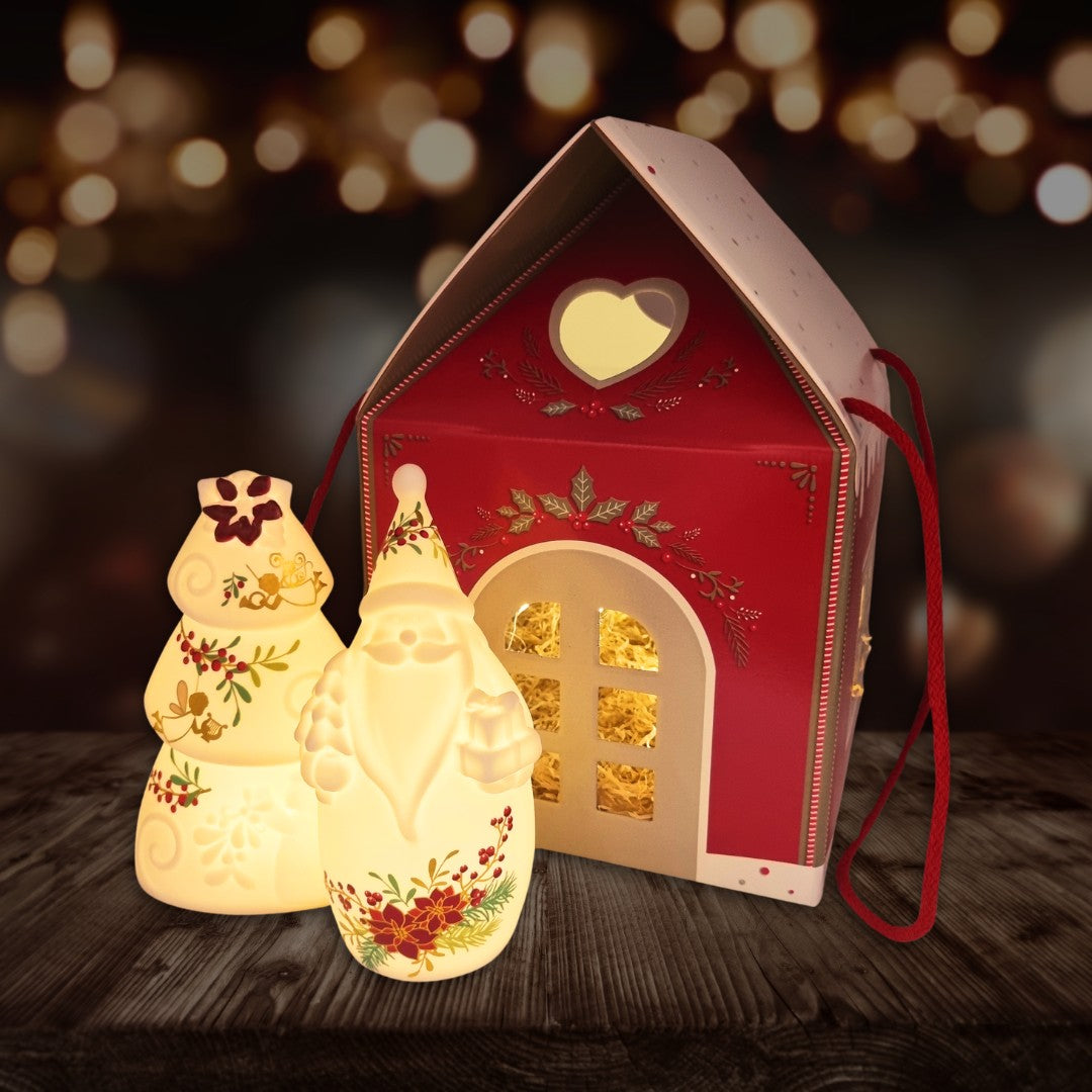 Set Babbo Natale e Albero in ceramica con luce, casetta in cartoncino natalizia