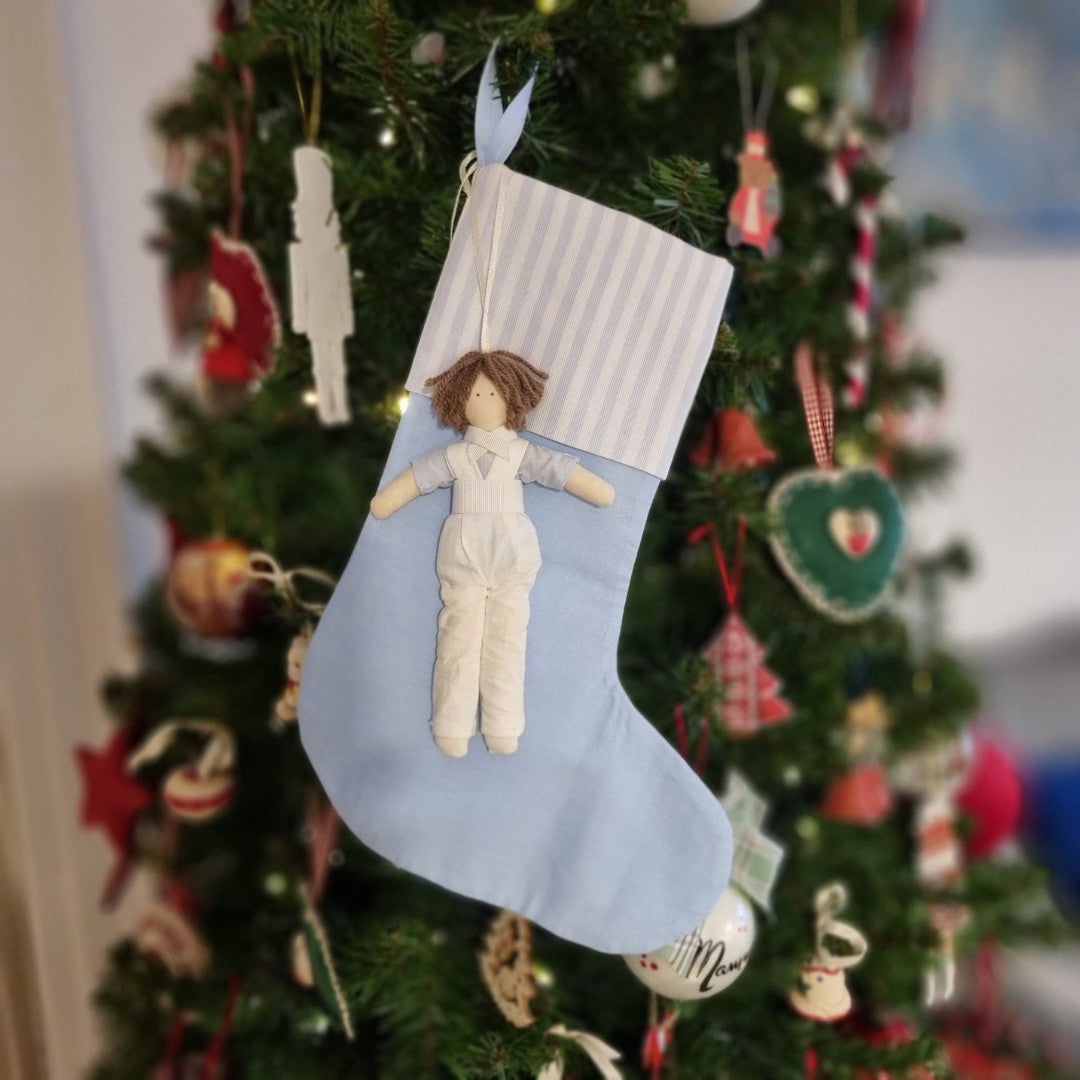 Calza della Befana celeste con bimbo