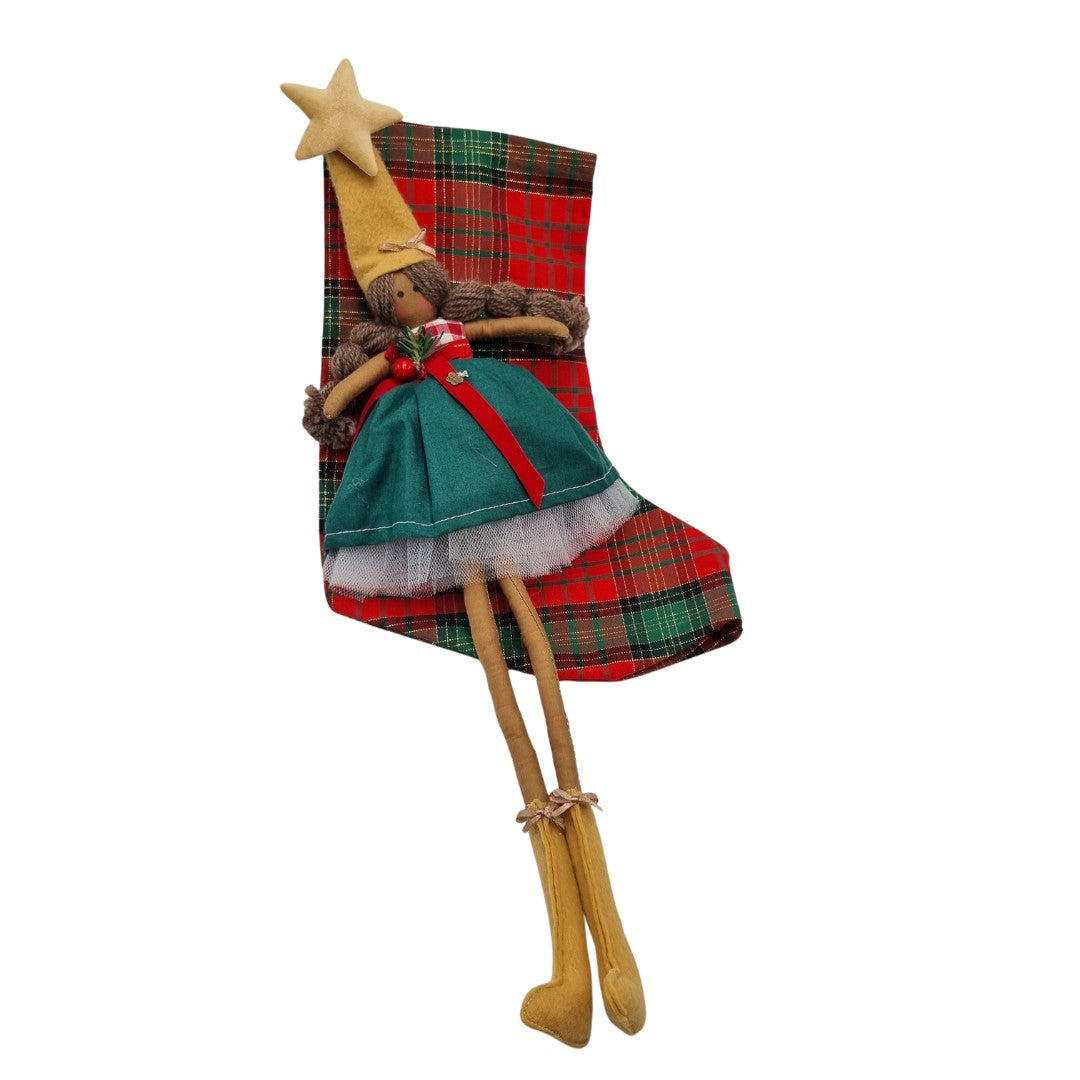 Calza della Befana fantasia scozzese con elfo femmina rosso