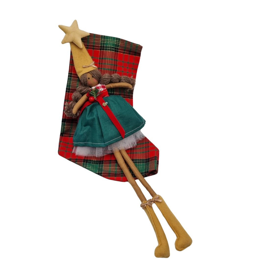 Calza della Befana fantasia scozzese con elfo femmina rosso