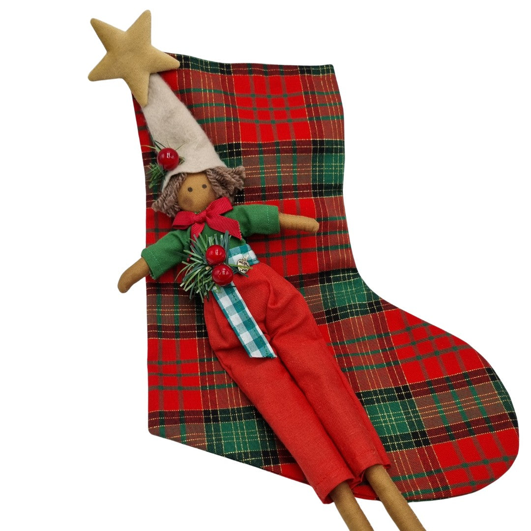 Calza della Befana fantasia scozzese con elfo rosso