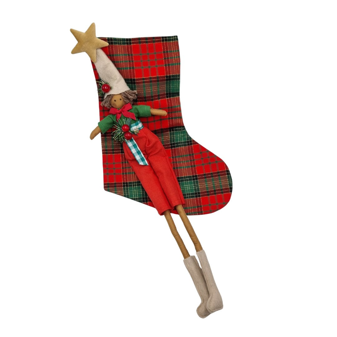 Calza della Befana fantasia scozzese con elfo rosso