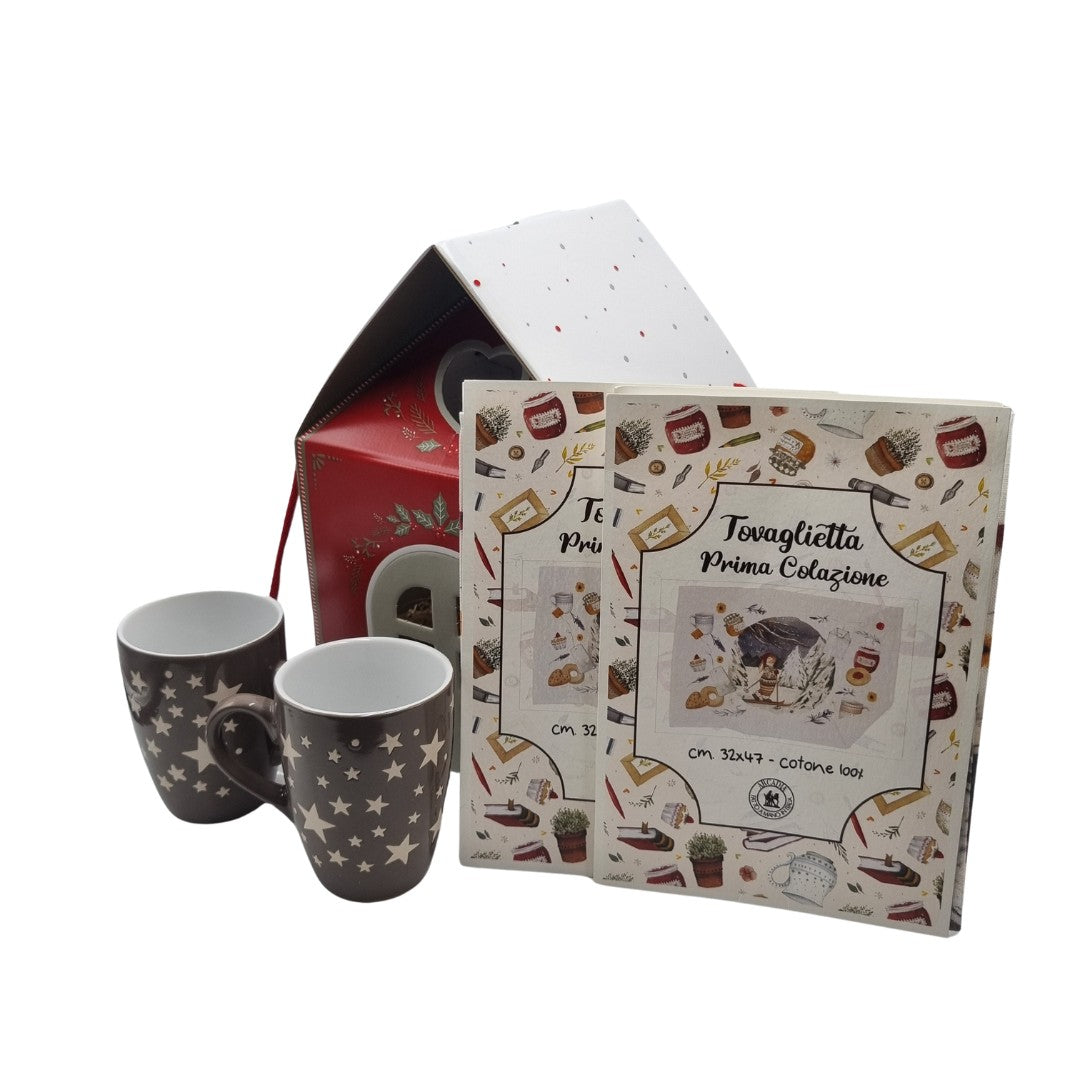 Set casetta di Natale con due tazze e due tovagliette