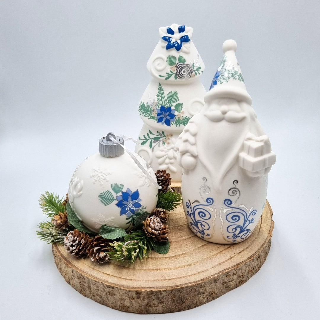 Centrotavola natalizio sfera, Babbo Natale e albero di porcellana