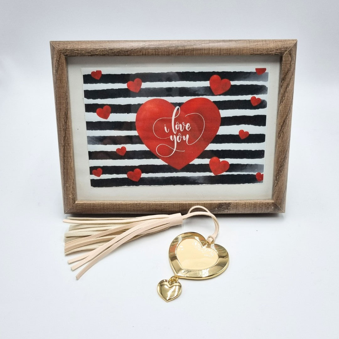 Portafoto in legno con stampa "I love you" e segnalibro cuore