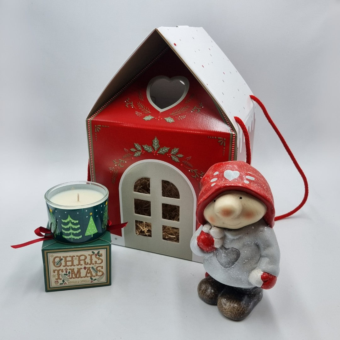 Set di Natale gnomo in ceramica, candela e casetta in cartoncino