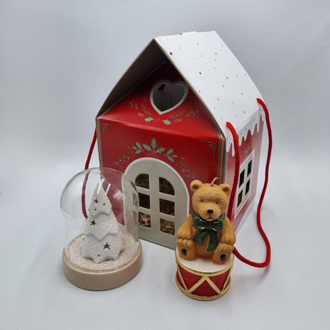 Set di Natale candela orsetto, albero con led e casetta in cartoncino