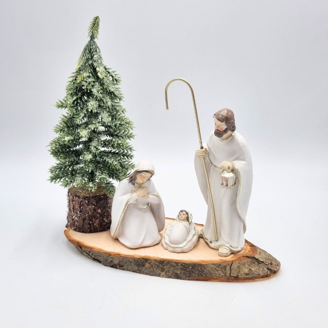 Presepe bianco su base tronco ovale