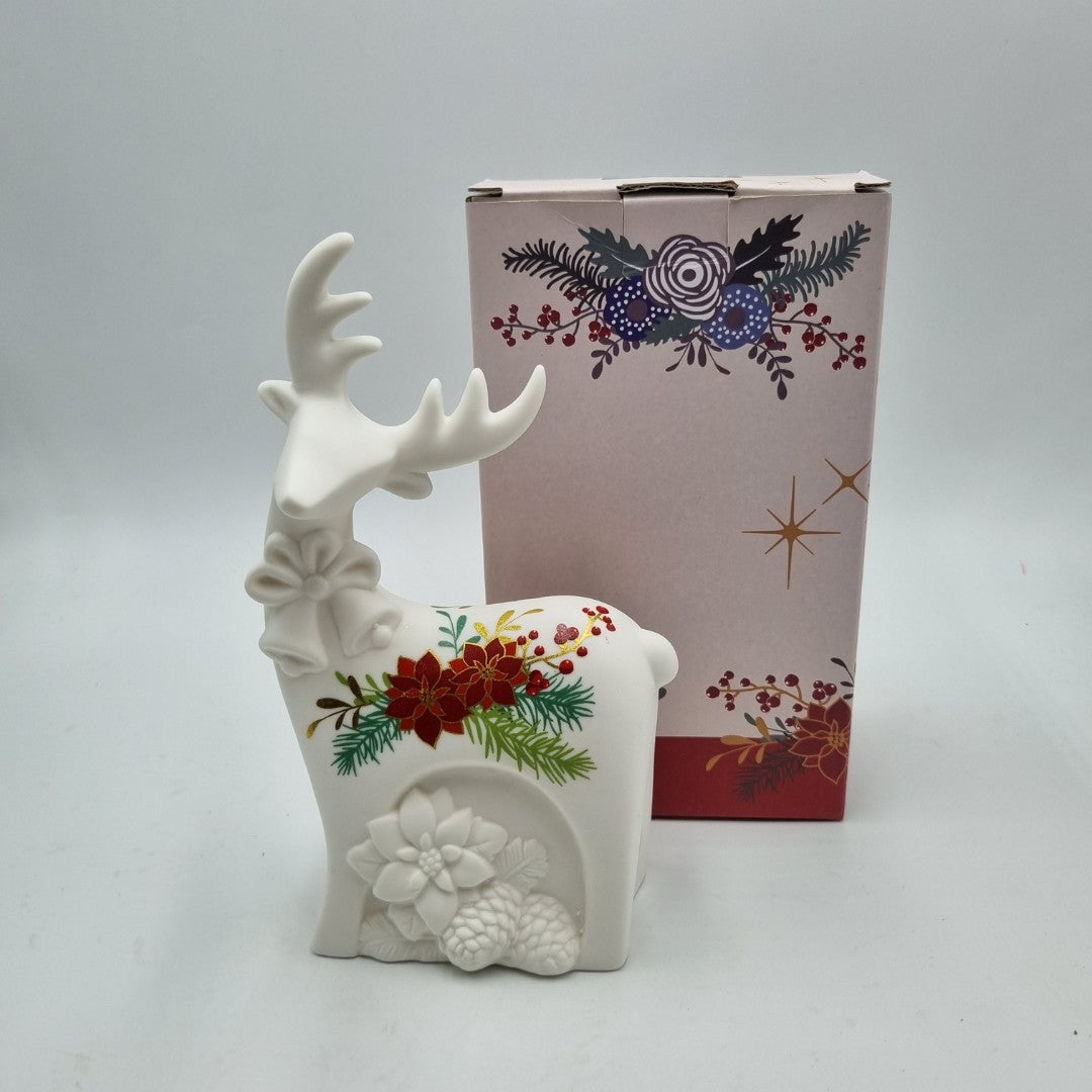 Renna in ceramica, natalizia, decoro oro e rosso
