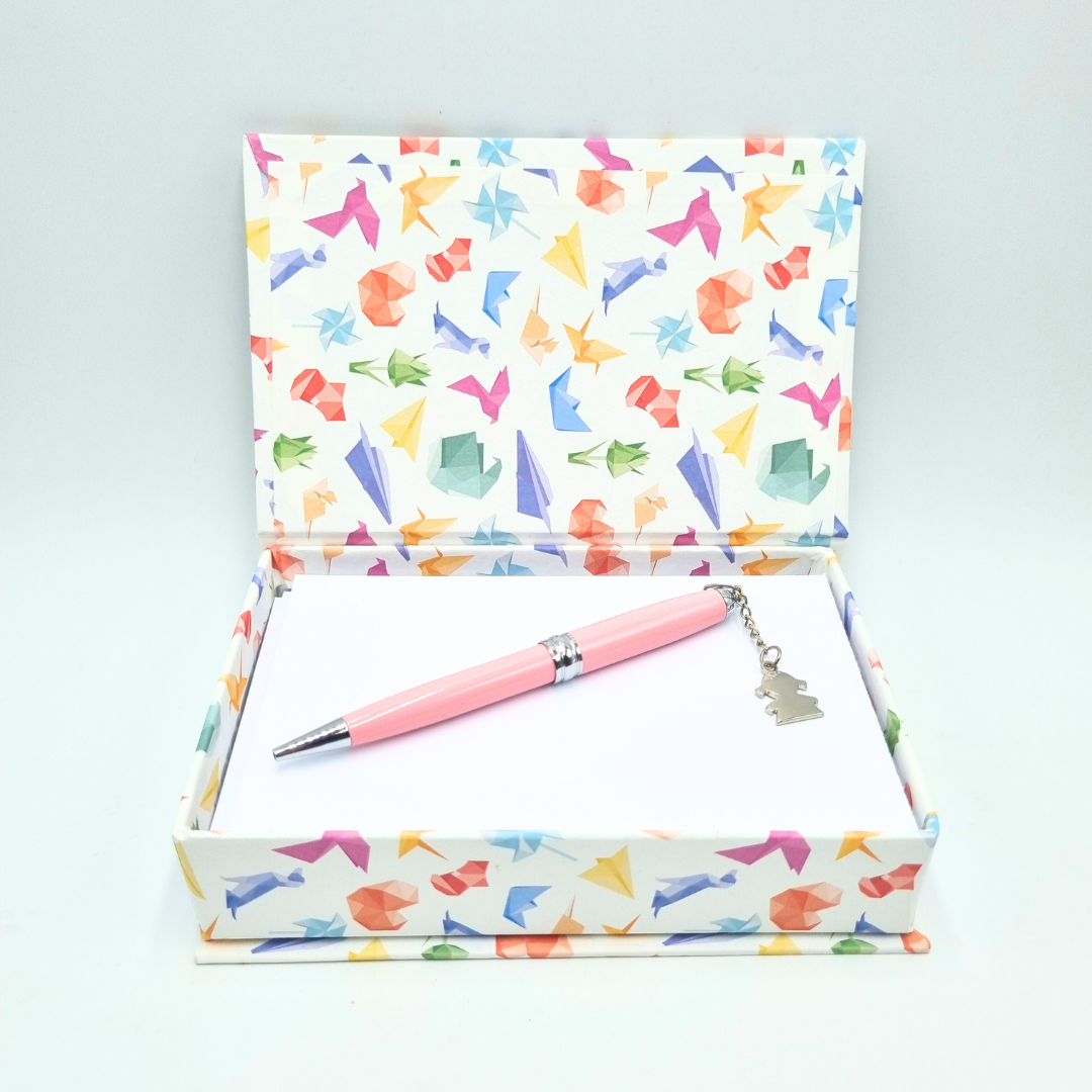 Set scatola portabiglietti e penna rosa
