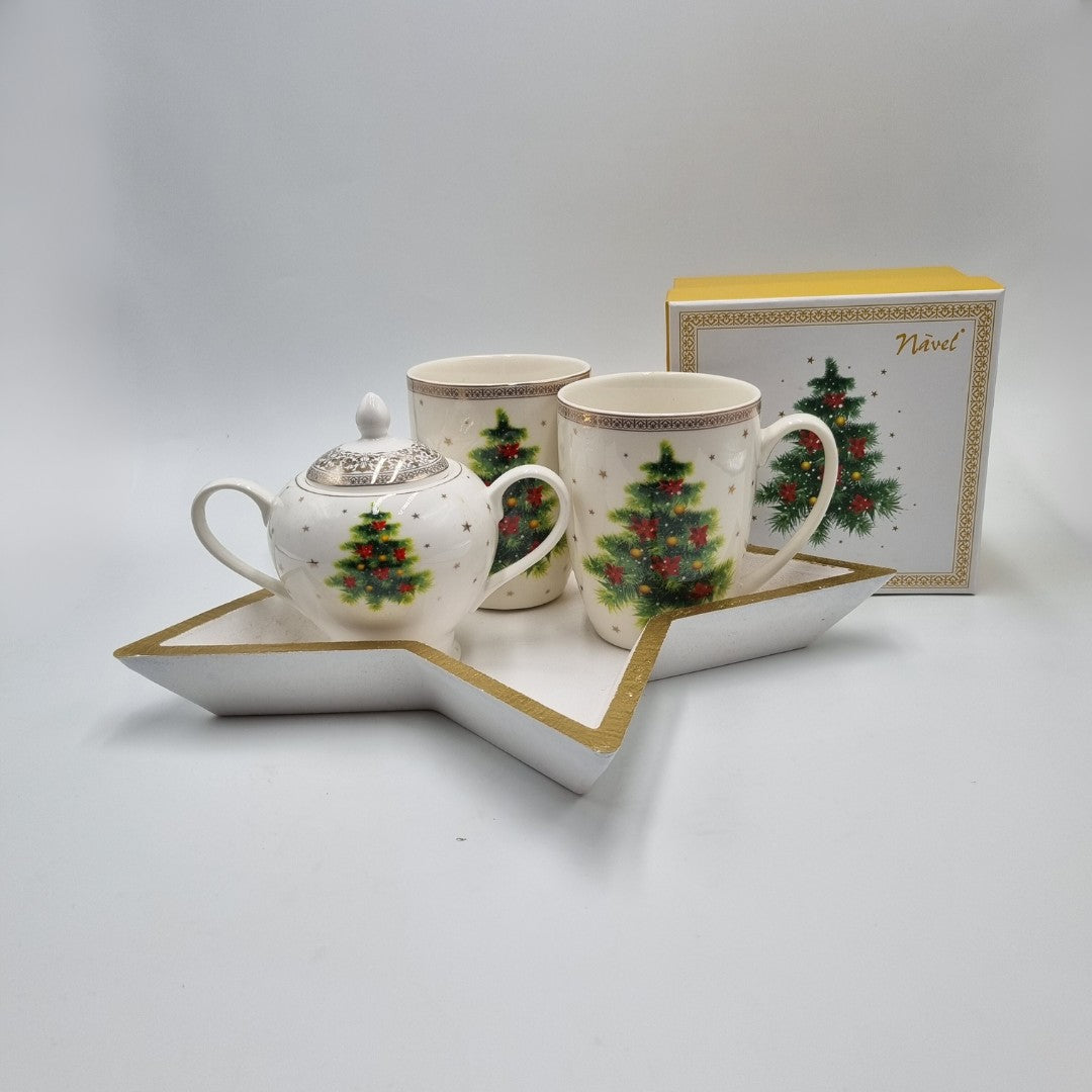 Vassoio in legno a forma di stella con due mug e zuccheriera