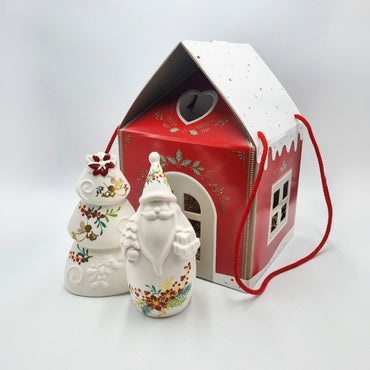 Set Babbo Natale e Albero in ceramica con luce, casetta in cartoncino natalizia