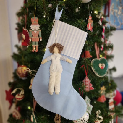 Calza della Befana celeste con bimbo