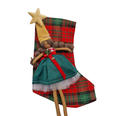 Calza della Befana fantasia scozzese con elfo femmina rosso