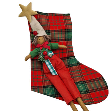 Calza della Befana fantasia scozzese con elfo rosso