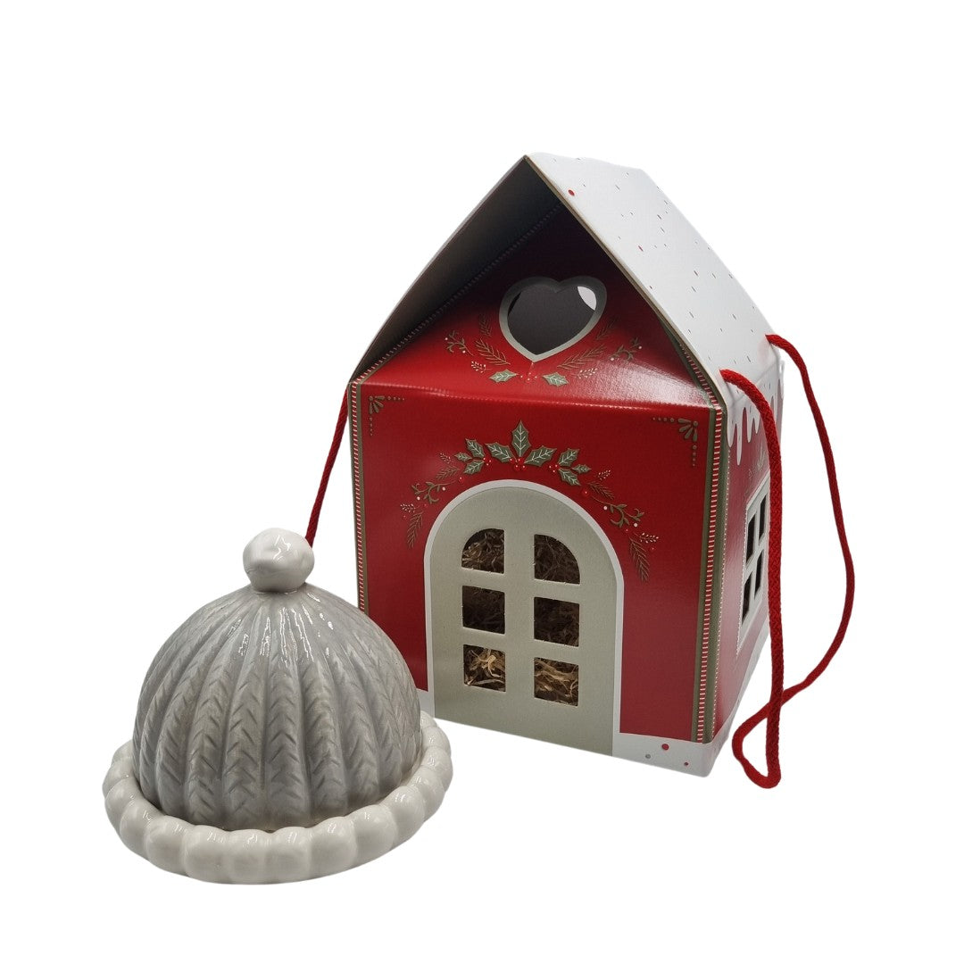 Piatto in ceramica con coperchio grigio e casetta di Natale