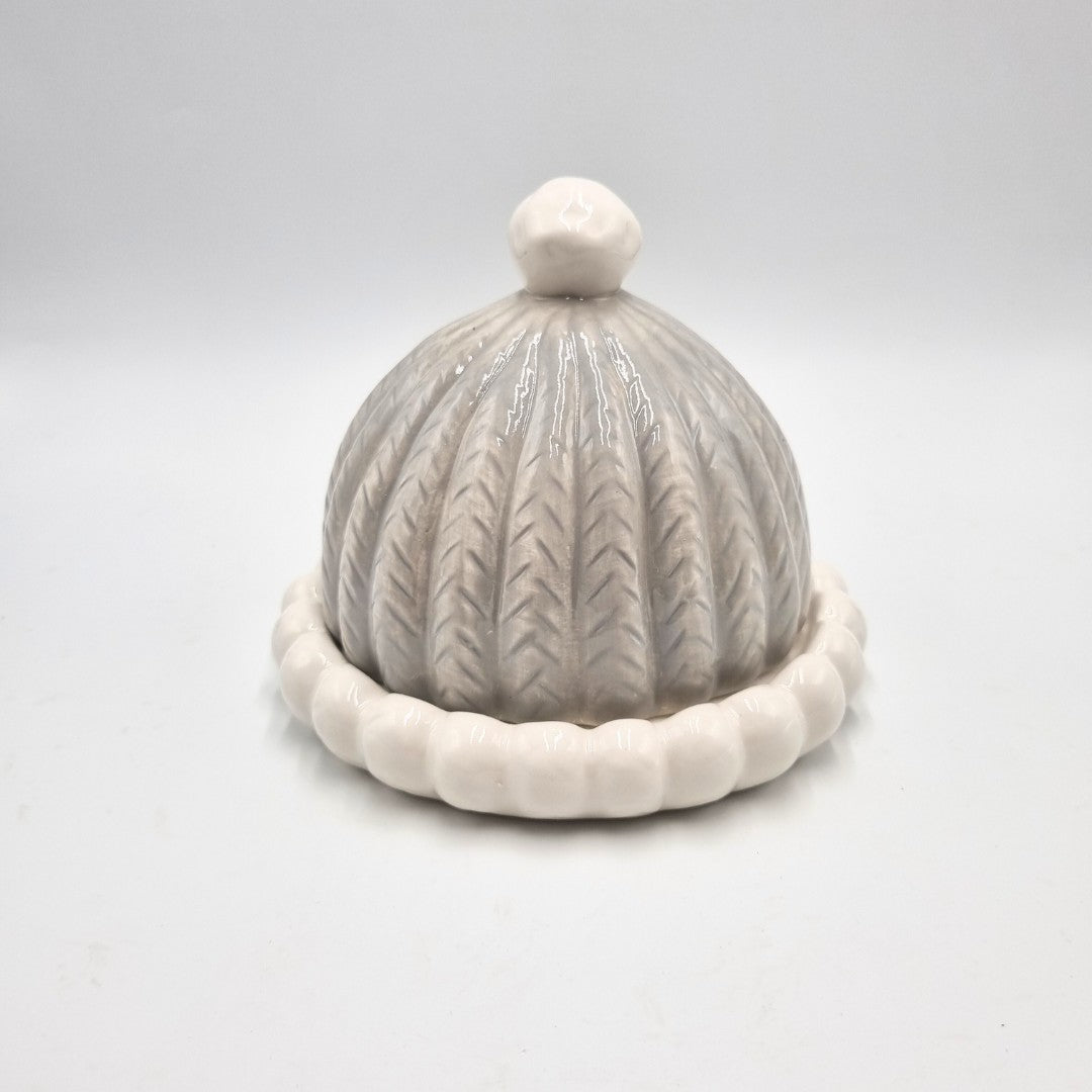 Piatto in ceramica con coperchio grigio e casetta di Natale