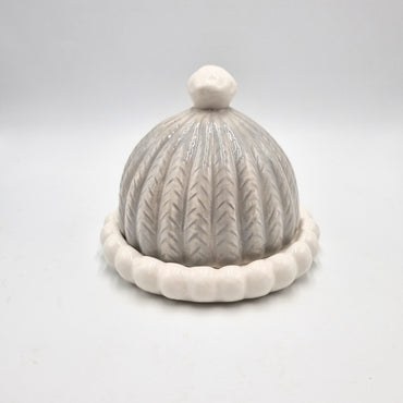 Piatto in ceramica con coperchio grigio e casetta di Natale