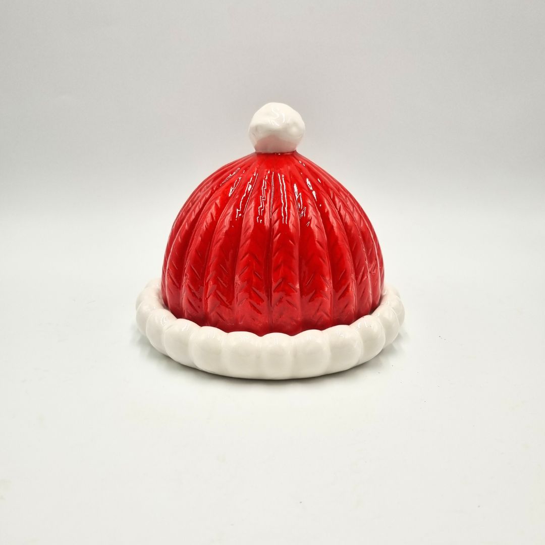 Piatto in ceramica con coperchio rosso e casetta di Natale