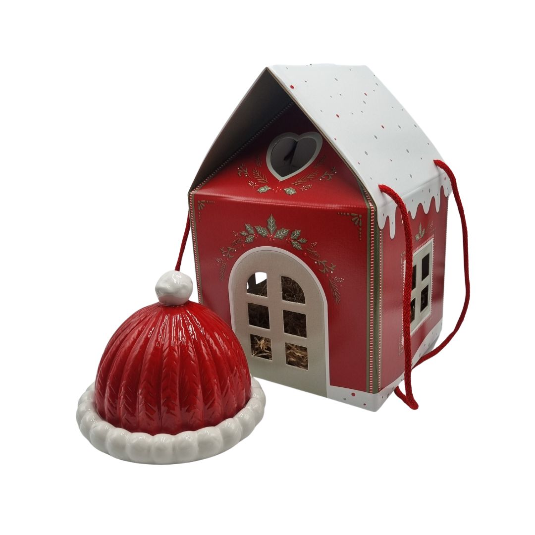 Piatto in ceramica con coperchio rosso e casetta di Natale