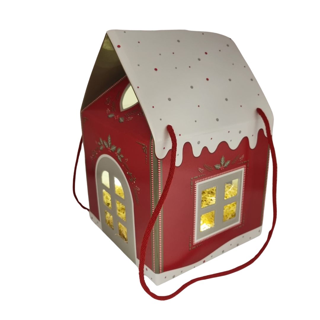 Piatto in ceramica con coperchio rosso e casetta di Natale