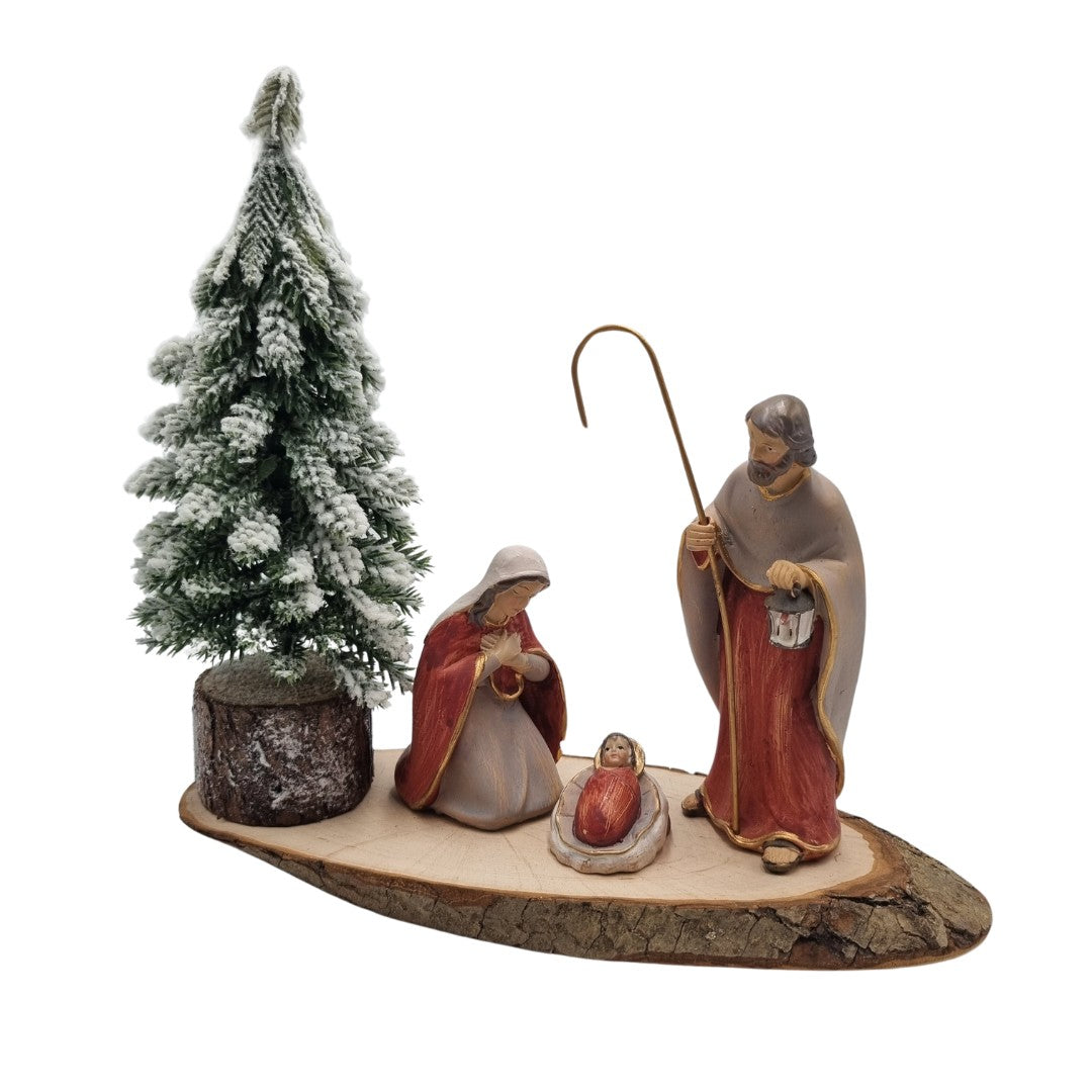 Presepe rosso su base tronco ovale