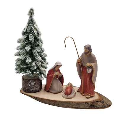 Presepe rosso su base tronco ovale