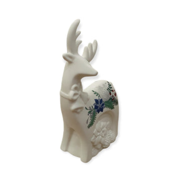 Renna in ceramica, natalizia, decoro argento e blu