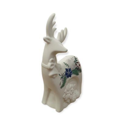 Renna in ceramica, natalizia, decoro argento e blu