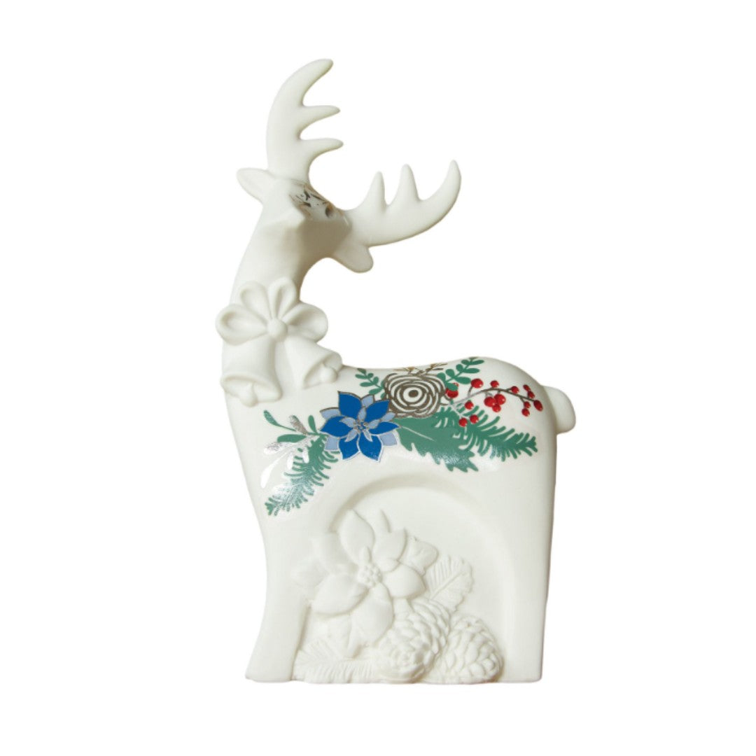 Renna in ceramica, natalizia, decoro argento e blu